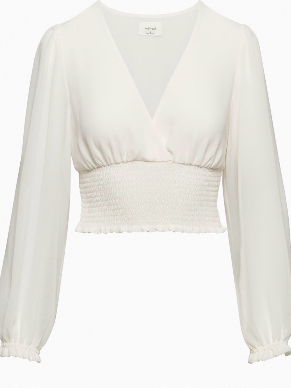 Wilfred Whistful Blouse White Sheer Puff Sleeve Smocked Top Size S